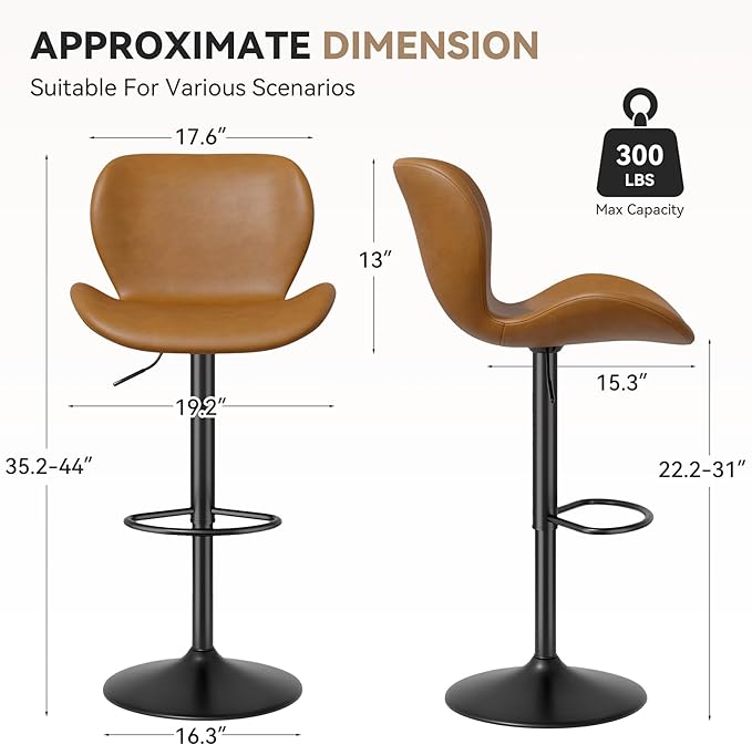 Nalupatio Swivel Bar Stools Set of 2,PU Leather Upholstered Barstools with Back & Footrest, Seat Adjustable Height 22.2-31IN Counter Height Bar Chairs for Bar Kitchen Island,Whiskey Brown