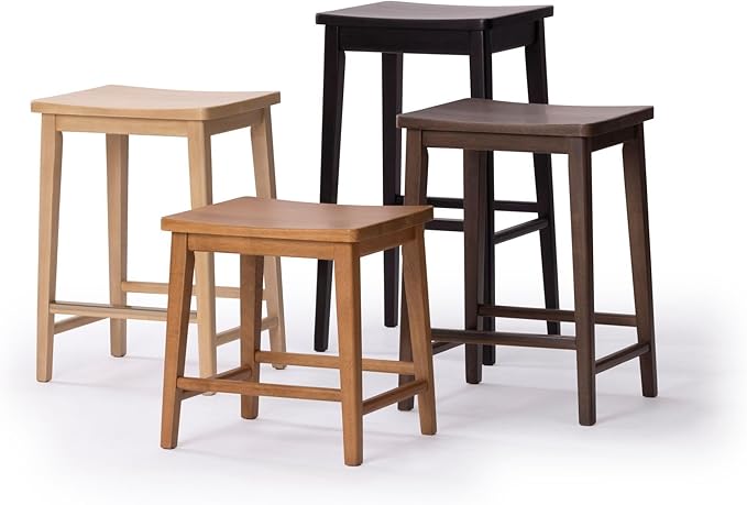 Plank+Beam Smythe Counter Stool, 24", Set of 4, Sturdy Wood Modern Kitchen Counter Height Stool, Saddle Seat Backless Counter Chair, Metal Footrest, Black