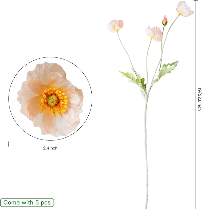 Artificial Poppy Flowers, 5 Bundles Faux Poppies with Stems for Floral Arrangements - Wedding, Home, Office, Party Table Centerpiece Decor (Light Peach)