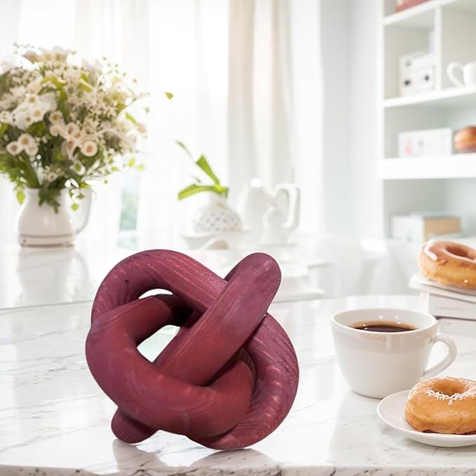 Wood Knot Decor -Coffee Table Decor Shelf Decor Table Books Hand Carved Home Decoration Boho Country Rustic Modern Shabby Chic Style 3 Link Wooden Knot Chain Link Decor (Burgundy)