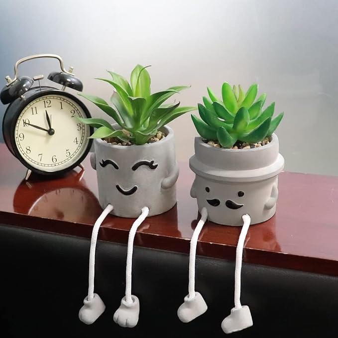 MAKHOT 4 Pcs Creative Artificial Succulent Plants with Cement Pot, Fake Small Plant for Desk Faux Succulents for Bathroom Decor, Mini Plants Succulent Cute Hanging Leg Potted for Office Shelf Decor