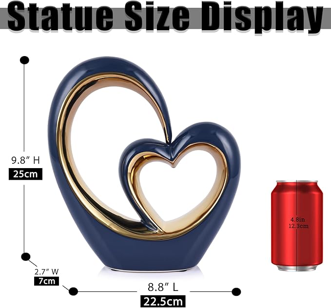 Ceramic Heart Decor Love Statue, Navy Blue Gold Double Hearts Sculptures for Home Table Centerpiece Decor, Valentine, Wedding, Decorative Items for Shelves, Coffee Table Decor (S Heart-Round)