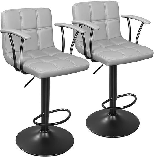 Bar Stools Set of 2, Armrest Adjustable Swivel Barstools with Back, Double Needle PU Leather Counter Height Chairs for Kitchen lsland (Light Grey)