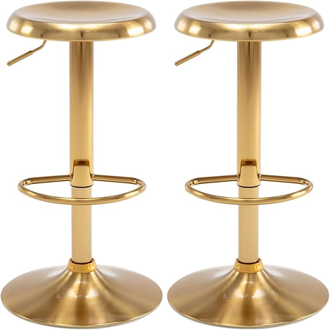 Brage Living Bar Stools Set of 2, Adjustable Height Swivel Bar Stools, Metal Airlift Barstools, Backless Counter Height Bar Chairs for Kitchen Dining Room Pub Cafe (Gold)