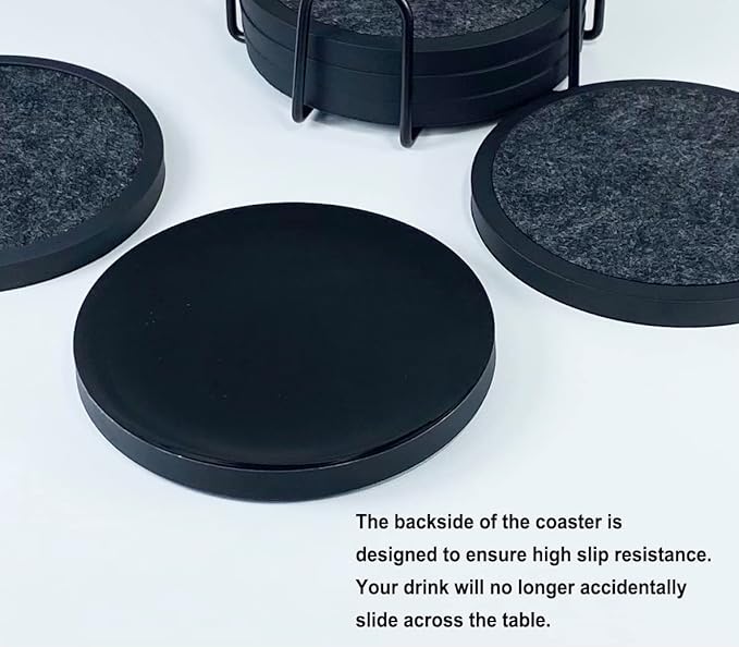 Absorbent Coasters for Drinks with Holder - 6packs, Silicone Coaster with Soft Felt Insert (4.3 inch Coasters with 4.5 inch Holder, Black and White)