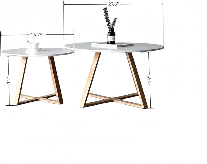 2Pcs Mid-Century Modern Round Coffee Table Set of 2, Natural Wood & White, Easy Assembly, Indoor & Outdoor Use