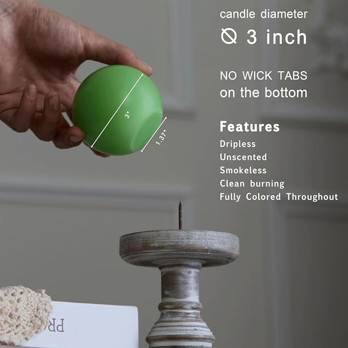 MOZEAL Hand-Poured, 3 Inch Green Round Ball Candles - Elegant Green Round Pillar Candles Set of 3, Dripless, Unscented, Smokeless, Ideal for Spring Celebrations.