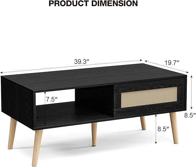 Wood Coffee Table with Storage, Boho Dining Table with Sliding Rattan Door Panel and Solid Wood Legs, Small Coffee Tables for Living Room, Oak (Black_LSJ008)