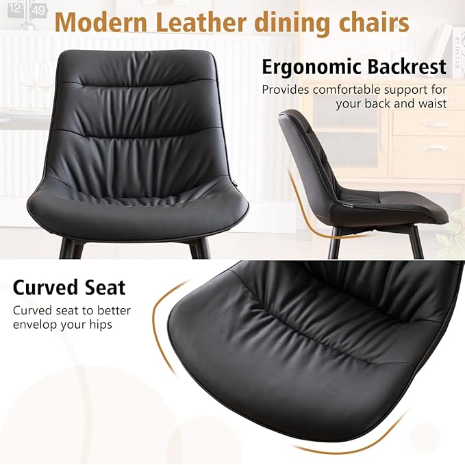 Kidol & Shellder Dining Chairs Set of 2, Modern Upholstered PU Leather Kitchen Side Chairs with Comfortable Back - Mid-Century Armless Chair for Dining Living Room Bedrooms, with Metal Legs (Black)