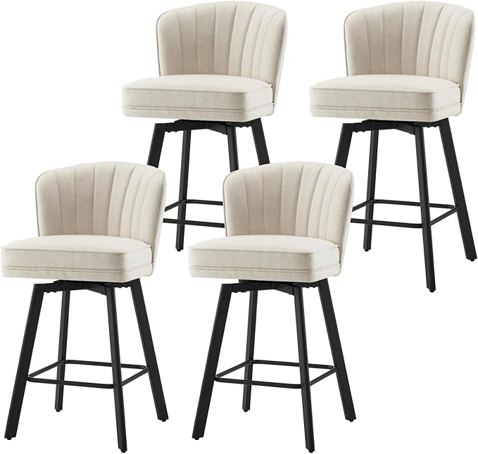 Swivel Counter Height Bar Stools Set of 4, 26'' Modern Barstools with Backs and Metal Legs, Upholstered Bar Chairs, Beige, Fabric Stools for Kitchen Island Chairs