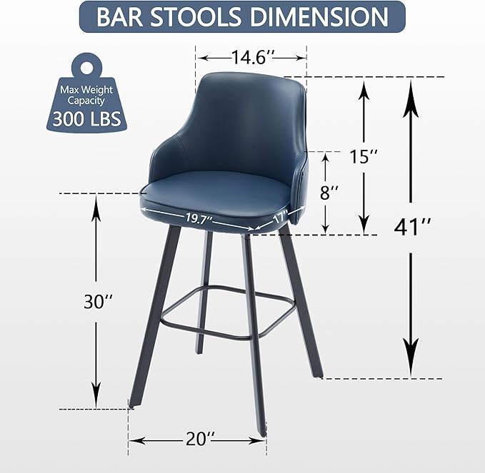 Bar Stools Set of 4, 30" Swivel Bar Height Bar stools with High Back, Faux Leather Kitchen Barstools Bar Height for Kitchen Island (Navy Blue, 4PCS 30" Bar Stools)