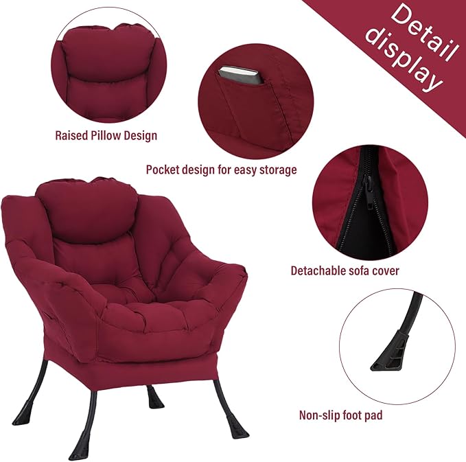 Welnow Lazy Chair for Living Room, Modern Reading Lounge Accent Chair with Armrests and a Side Pocket, Leisure Upholstered Lazy Sofa for Small Space, Bedroom, Dorm, Burgundy