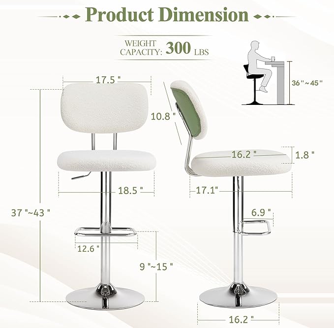 Furniliving Adjustable Bar Stools Set of 4, Modern Teddy Velvet Swivel Barstools with Curved Back, Stylish Armless Counter Height Bar Stools Bar Chairs for Kitchen Island, Bar, Green