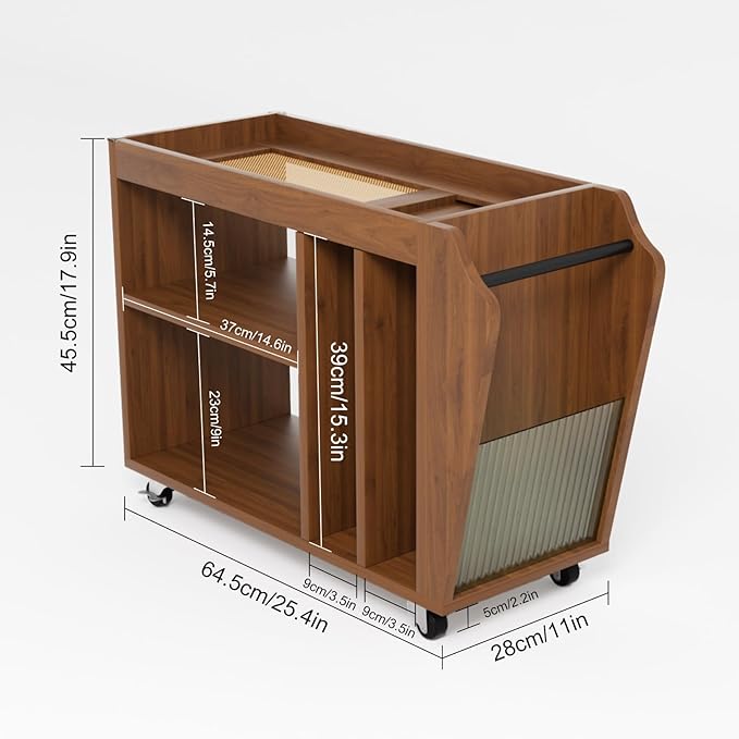 Movable End Table with Brakeable Wheels, Sofa Side Table with Magazine Holder, Removable Layer Board & Storage Compartments - Nightstand, Narrow Side Table, Bedside Table, Living Room, Bedroom (Brown)