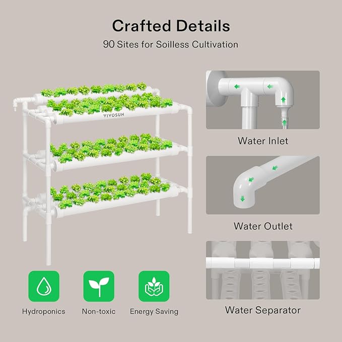 VIVOSUN Hydroponics Growing System 90 Plant Sites, 3 Layers 10 Food-Grade PVC-U Pipes Hydroponic Gardening System Grow Kit with Water Pump, Pump Timer, Nest Basket and Sponge for Leafy Vegetables