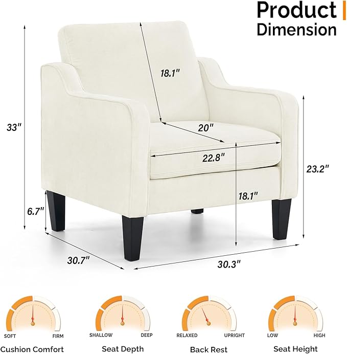 VINGLI Mid Century Modern Accent Chairs for Living Room & Reading - Soft Chenille Upholstered Arm & Side Chairs (Creamy White)