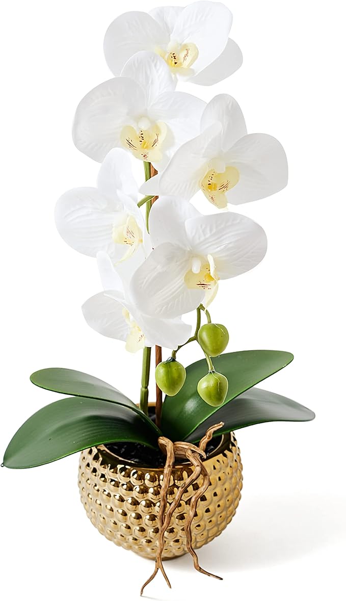Orchids Artificial Flowers, 15" Faux Orchid in Gold Flower Pot Real Touch Flowers in Pot Large Flower Arrangements Artificial Centerpiece for Home Living Room Bathroom Kitchen Decoration (White)