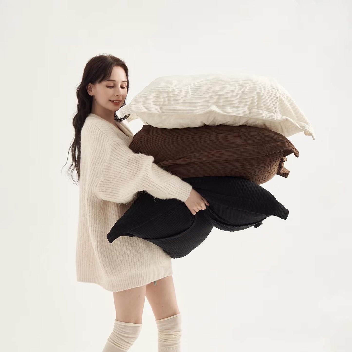 Corduroy Large Pillow Covers 28x28inch Set of 3, Decorative Super Soft-Touch Boho Vintage Cushion Cases for Couch, Sofa, Living Room, Bedroom, Office, Home Decor (Dark Brown, Black & White)