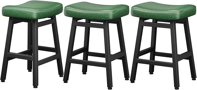 Counter Height Bar Stools Set of 3, 24 Inch Barstools for Kitchen Counter, Kitchen Stools with Faux Leather Saddle Seats & Heavy Duty Metal Legs, Easy Assembly, Forest Green
