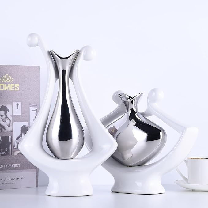 White Silver Abstract Art Ceramic Vases for Home Décor Accent,Nordic Modern Minimalist Vases for Flowers,Shelf,Table Centerpieces,Bookshelf,Fireplace Mantle,Rustic,Wedding,Mid Century Décor