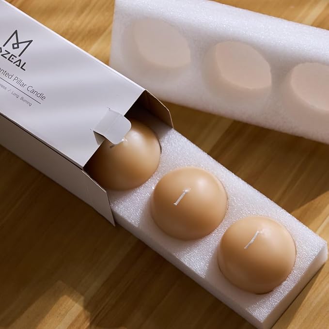 MOZEAL Hand-Poured, 3 Inch Beige Round Ball Candles - Elegant Beige Round Pillar Candles Set of 3, Dripless, Unscented, Smokeless, Ideal for Modern Home Decor.