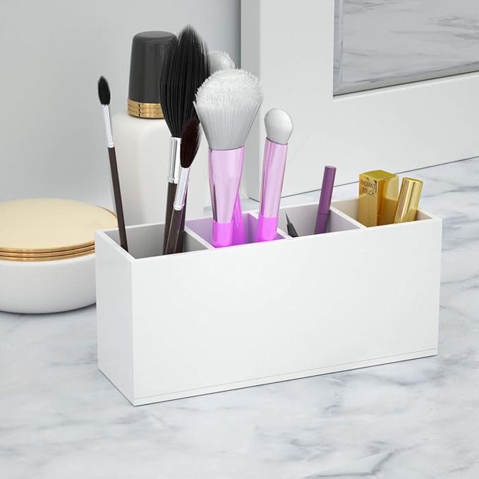 NIUBEE Acrylic Pen Holder 4 Compartments, White Pencil Organizer Cup for Countertop Desk Accessory Storage (White)