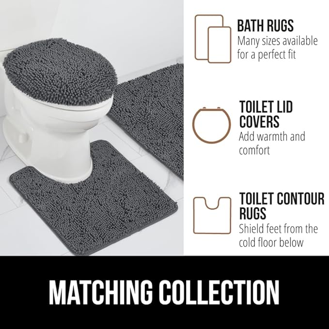 GORILLA GRIP Plush Absorbent Shaggy Chenille Bath Rug Mat for Square Toilet Base with Rubber Backing, Machine Washable Rugs, Soft Microfiber Contour Mats for Toilets, Bathroom Decor, Charcoal