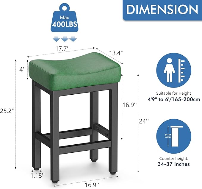 Counter Height Bar Stools Set of 3, 24 Inch Barstools for Kitchen Island Counter, Faux Leather Kitchen Stools with Saddle Seats & Metal Base, Easy Assembly, Forest Green