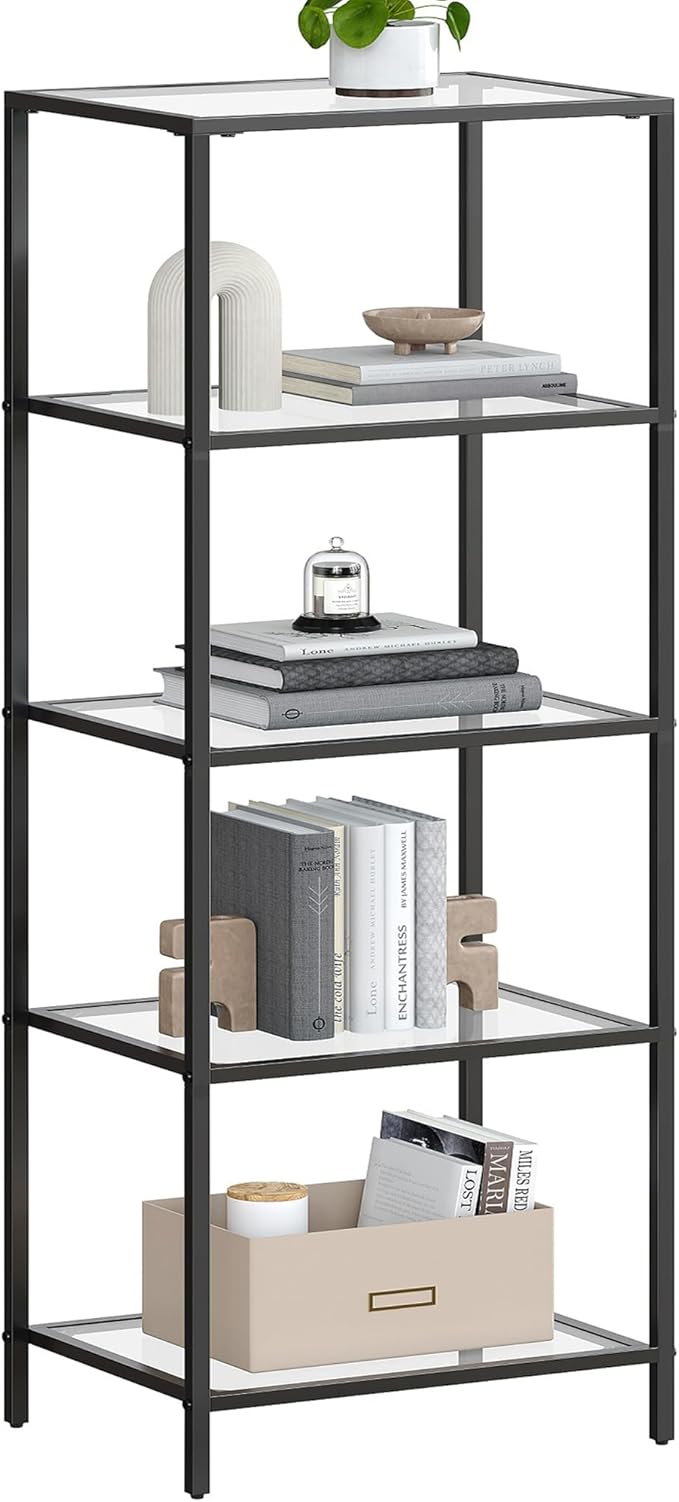 VASAGLE Bookcase, 5-Tier Bookshelf, Slim Shelving Unit for Bedroom, Bathroom, Home Office, Tempered Glass, Steel Frame, Ink Black ULGT029B61
