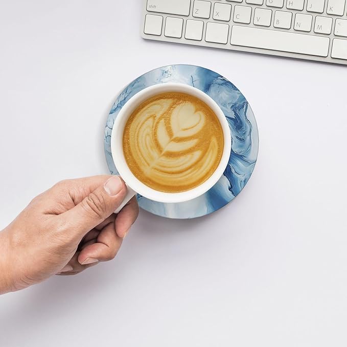 White Blue Marble Coasters for Drinks Absorbent Ceramic Coaster Set of 4 for Coffee Table Cup Bar Desk Round Coasters Mat with Cork Base Seasonal Home Decors