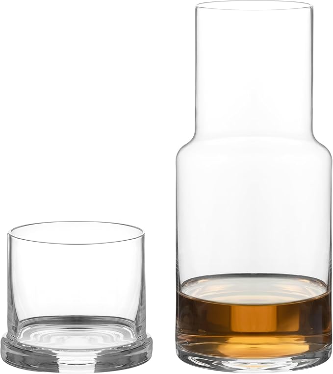Elixir Glassware Bedside Water Carafe and Glass Set with Integrated Cup - Water or Mouthwash Dispenser for Nighstand or Bathroom - Handblown Glass Pitcher with Tumbler - Clear