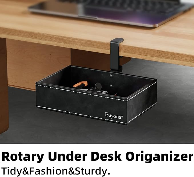 PU Leather Under Desk Organizer with 360° Rotating Clamp – for Computer Accessories, Stationery, Remote Control & Phone Storage, Black