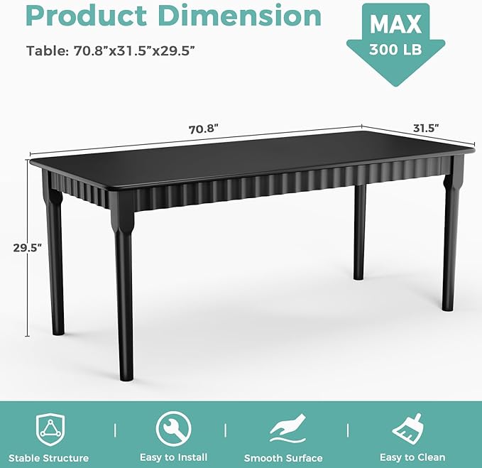 70.8 Inch Solid Wood Dining Table for 6-8, Farmhouse Table with Smooth Surface, Large Rectangular Kitchen Dinner Table for Restaurant, Living Room, Kitchen, Easy Assembly, Black