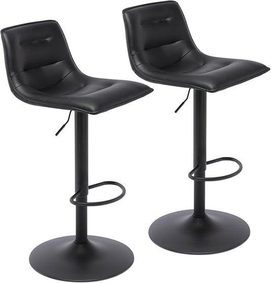 Brage Living Adjustable Bar Stools Set of 2, Modern PU Leather Swivel Counter Height Barstools with Back, Armless Airlift Curved Bar Chairs for Kitchen Dining Cafe (Black, Black Base)