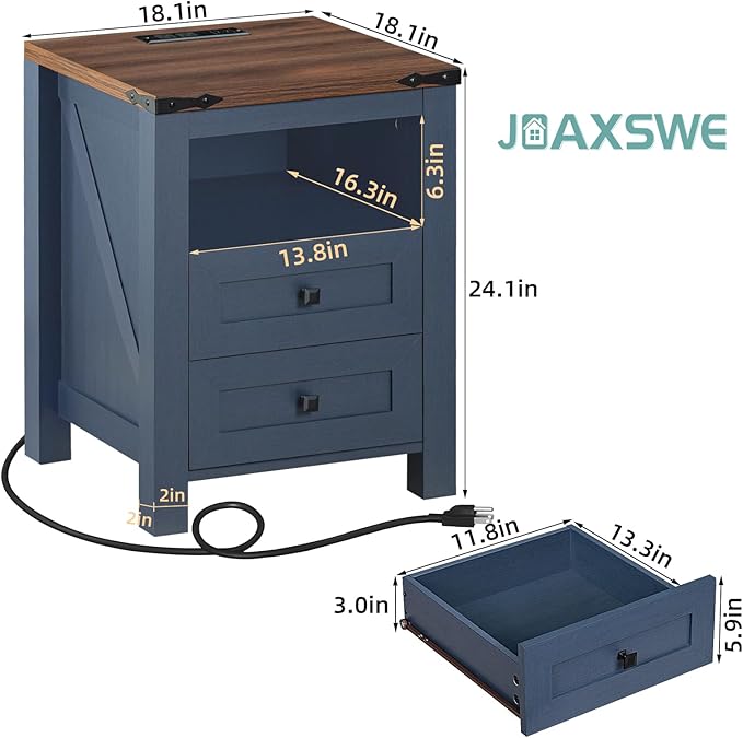 Nightstand with Charging Station, Farmhouse Night Stand with 2 Drawers and Shelf Storage, Blue Wooden Side End Table, Bedside Cabinet for Bedroom, Living Room, Closet,Office