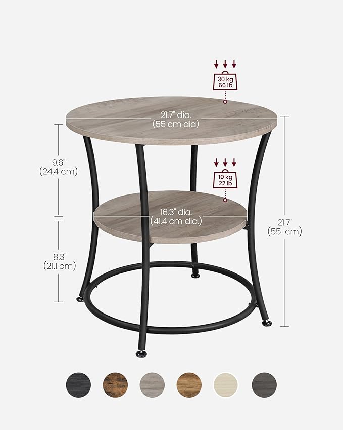 VASAGLE Side Table, 2-Tier Round End Table, Nightstand with Steel Frame for Small Spaces, Living Room, Bedroom, Heather Greige and Ink Black
