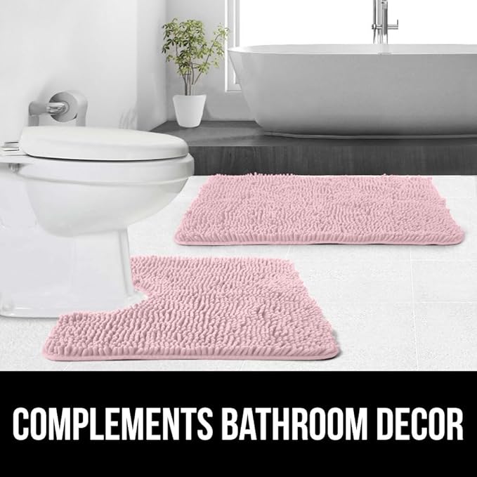 GORILLA GRIP Plush Absorbent Shaggy Chenille Bath Rug Mat for Square Toilet Base with Rubber Backing, Machine Washable Rugs, Soft Microfiber Contour Mats for Toilets, Bathroom Decor, Lt Pink