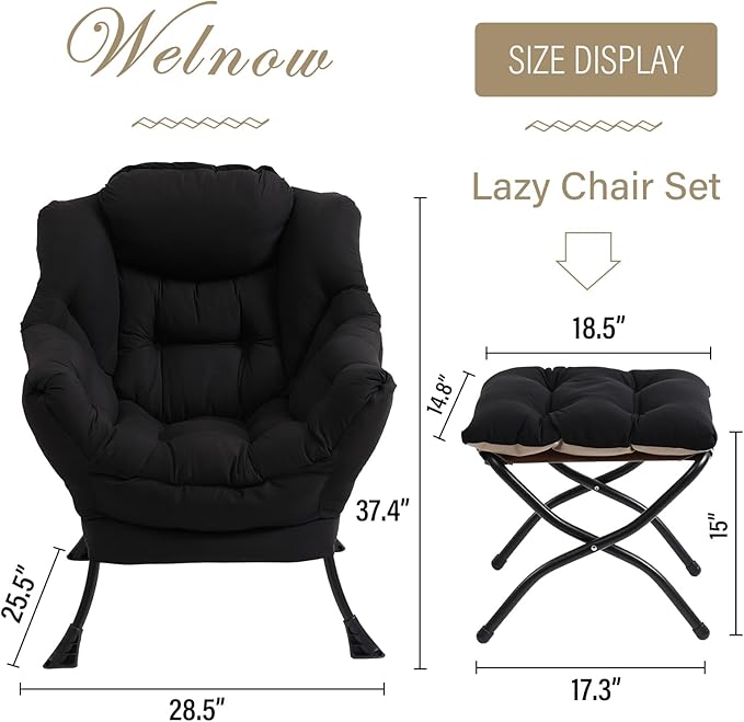 Welnow Lazy Chair with Ottoman, Modern Lounge Accent Chair with Armrests and a Side Pocket, Leisure Sofa Armchair Set, Reading Armchair with Footrest for Small Space, Black