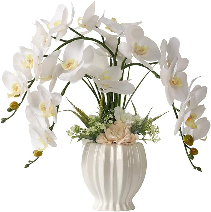 LESING Artificial Potted Orchid Flower for Table Centerpieces,Real Touch White Fake Orchid Flowers in Vase for Home Decoration (Style 3,White Vase)