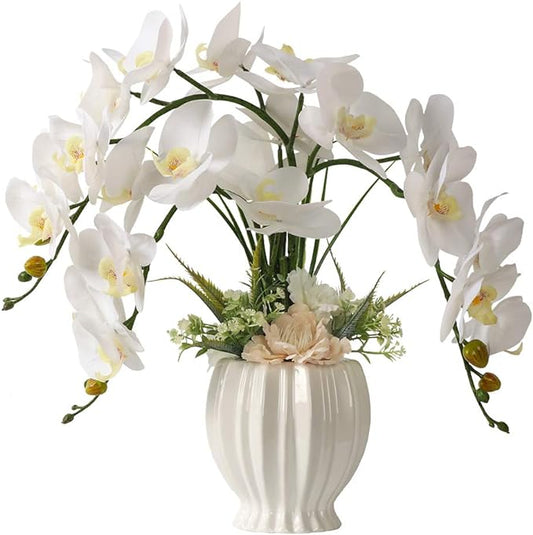 LESING Artificial Potted Orchid Flower for Table Centerpieces,Real Touch White Fake Orchid Flowers in Vase for Home Decoration (Style 3,White Vase)