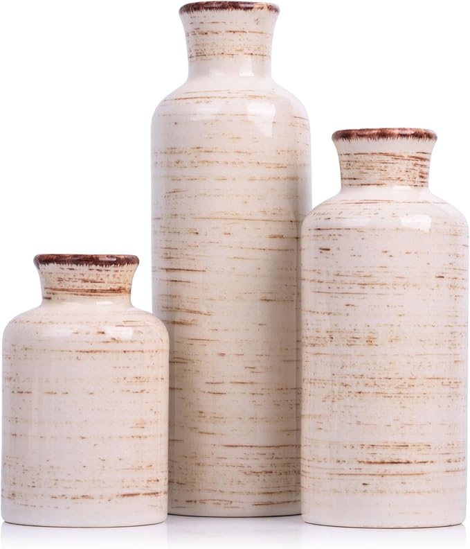 Ceramic Vase 3 Piece Set, Farmhouse Decor Ceramic Small Vases for Country Home, Decorative Vases for Centerpieces, Living Room, Table, Fireplace, Entryway and Modern Rustic Home Decor