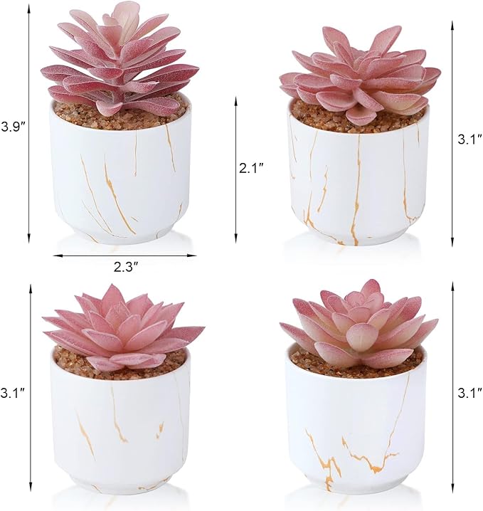 Succulent Artificial Plants,Cute Fake Succulents in 4 White Ceramic Pots,Small Fake Plants for Office,Table,Desk,Bathroom, Bedroom,Aesthetic Room Shelves Decor,Desk Decorations for Women Office