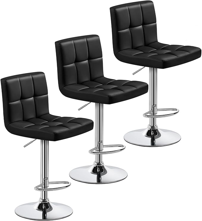 Yaheetech Bar Stools Set of 3, Adjustable PU Leather Swivel Barstools, Modern Counter Stools with Back and Footrest, Counter Height Barstools for Bar, Kitchen, Dining Room, Black