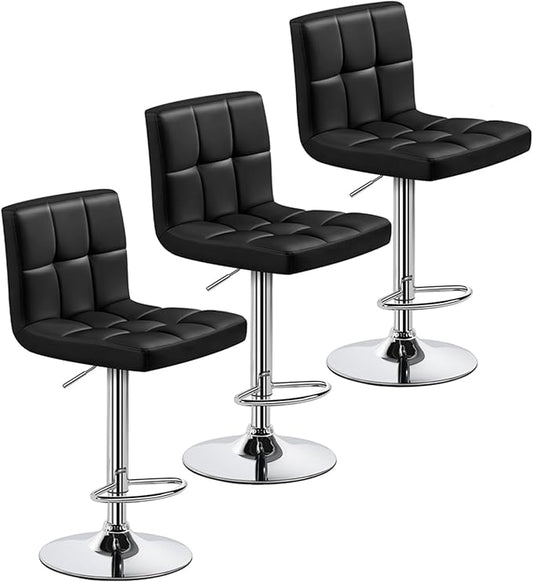 Yaheetech Bar Stools Set of 3, Adjustable PU Leather Swivel Barstools, Modern Counter Stools with Back and Footrest, Counter Height Barstools for Bar, Kitchen, Dining Room, Black