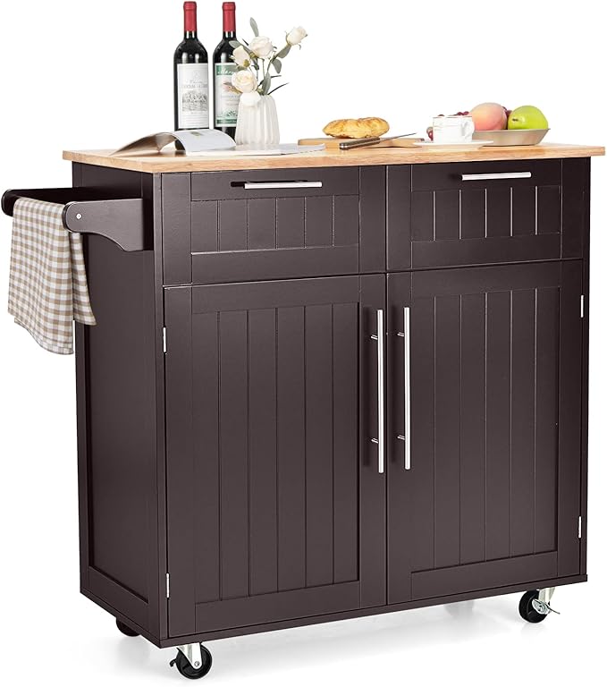 COSTWAY Kitchen Island on Wheels, Kitchen Cart with Side Towel Bar, 2 Drawers, 2 Door Cabinet, Rolling Storage Trolley Cart with Rubber Wood Top & Lockable Casters (Brown)
