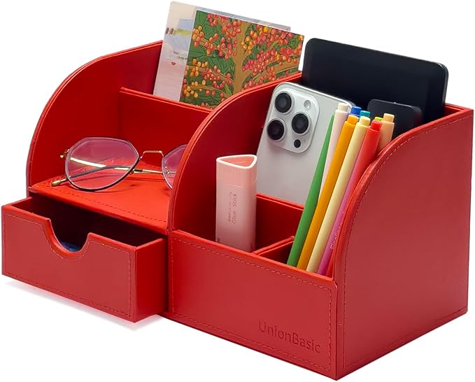 UnionBasic Desk Organizer - Multifunctional Leather Desktop Pen Holder Storage Box - Business Card/Pen/Pencil/Mobile Phone/Stationery Holder, Red