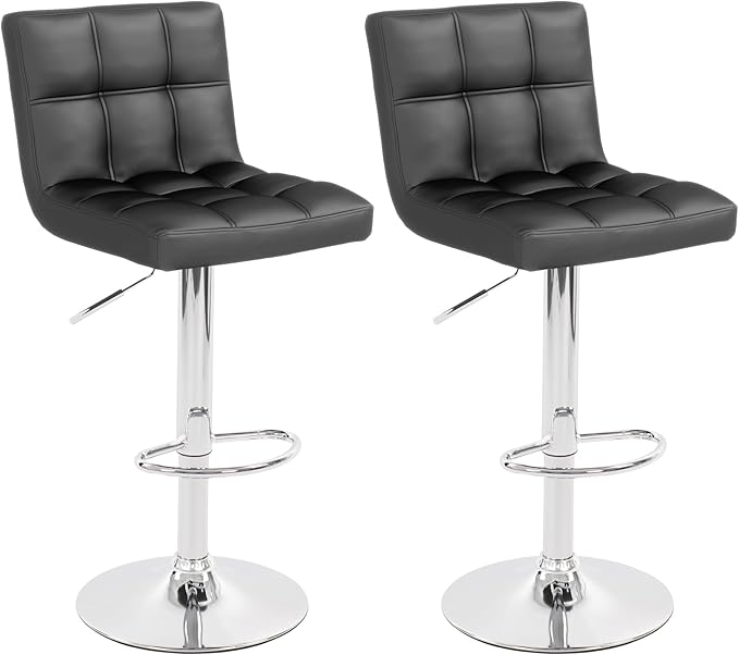 Modern PU Leather Bar Stools Set of 2, Adjustable Swivel Square Bar Chairs, Armless Counter Height Barstools with Back and Large Base for Island/Kitchen(Black)
