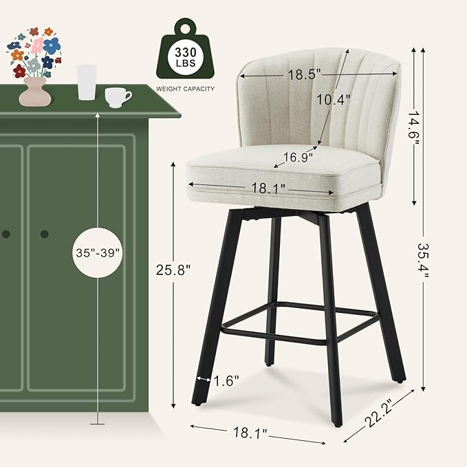 Swivel Counter Height Bar Stools Set of 4, 26'' Modern Barstools with Backs and Metal Legs, Upholstered Bar Chairs, Beige, Fabric Stools for Kitchen Island Chairs