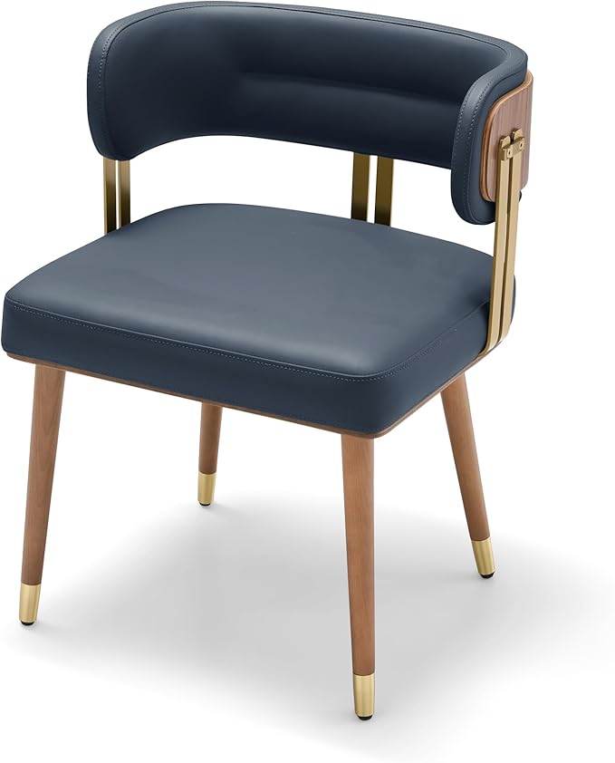 Modern Mid-Century Upholstered Leather Dining Chairs with High-Resilience Foam, Walnut Wood Veneer&Gold Metal Legs,Dining Chairs with Anti-Slip Pads,Navy Blue