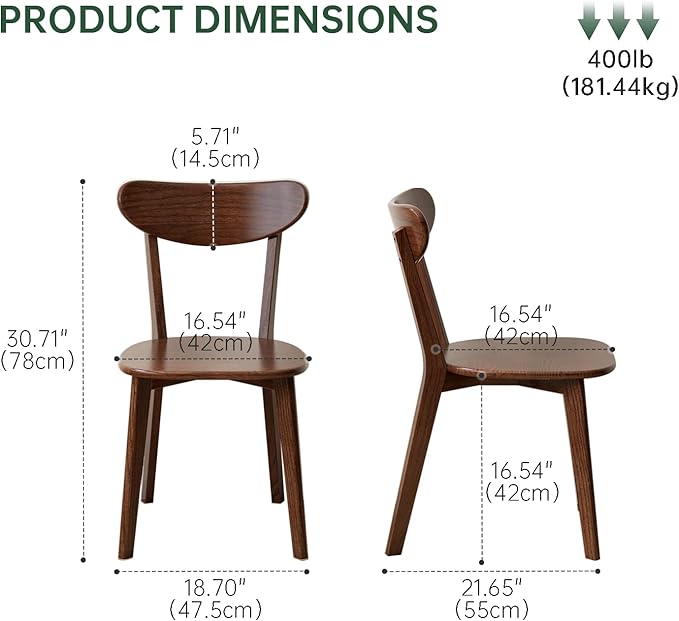 Mid Century Oak Wood Dining Chairs Set of 4, 100% Solid Wood Kitchen Chair with Rounding Edges & Curved Backrest, Modern Armless Accent Dining Chairs for Kitchen Dining, Walnut